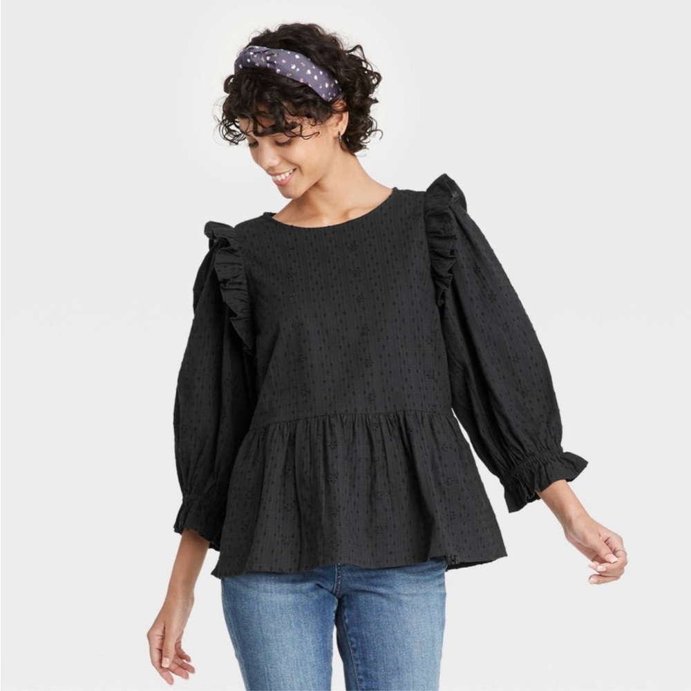 Black Universal Thread Ruffle Sleeve Women's Peplum Top S NWT